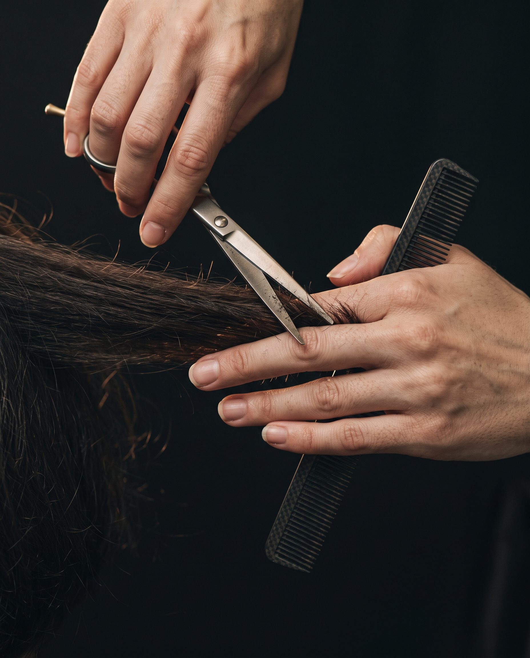 Friseurin schneidet eine Haarpartie mit Schere und Kamm